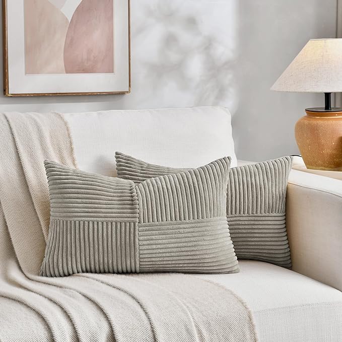 Fancy Homi 2 Packs Neutral Grey Lumbar Decorative Throw Pillow Covers 14x22 Inch for Living Room Couch Bed Sofa, Farmhouse Home Decor, Soft Striped Corduroy Rectangle Accent Cushion Case 35x55 cm