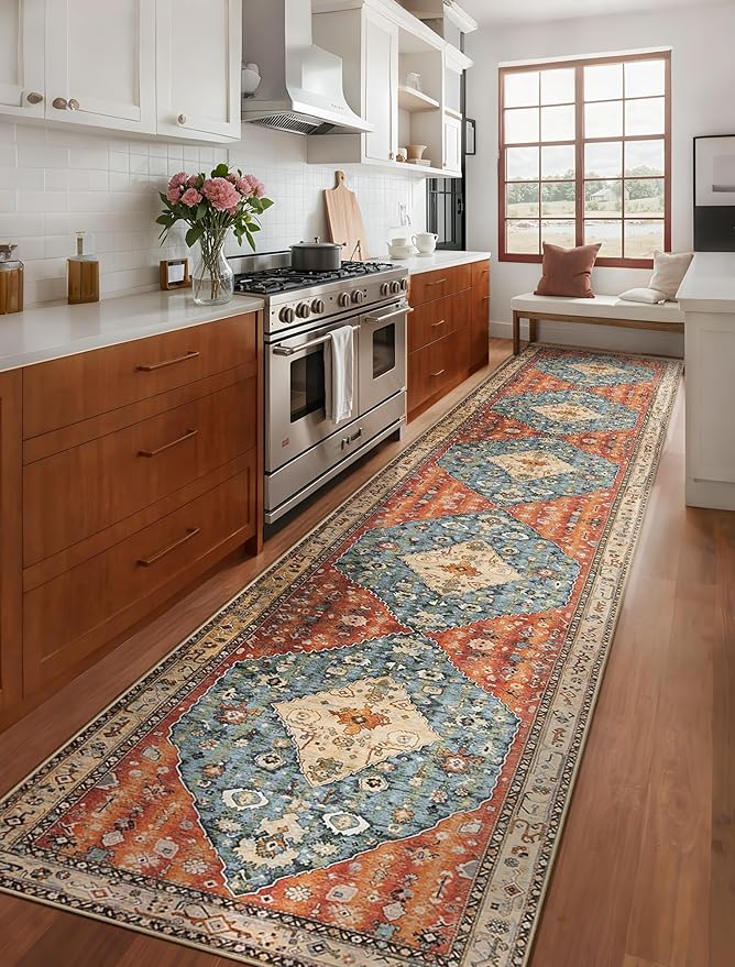 SERISSA Runner Rug for Hallways, 2'6"x14' Washable Non Slip Kitchen Runner Rug, Extra Long Boho Rug Ultra Soft Vintage Tribal Print Floor Carpet for Bedroom Hallway Entryway Bathroom Laundry Room