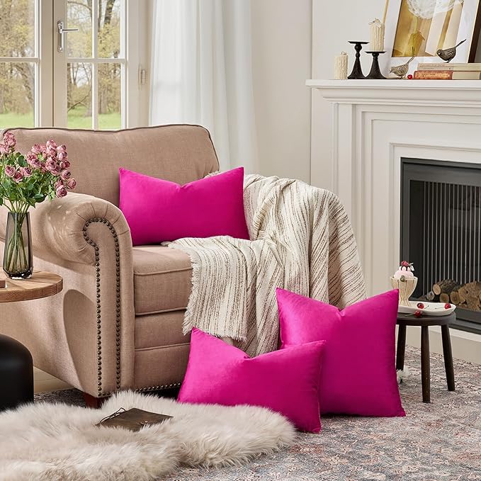GIGIZAZA 12x20 Hot Pink Pillow Covers Velvet Lumbar Pillow Decorative Throw Pillows Couch Sofa Covers Bedroom Set of 2