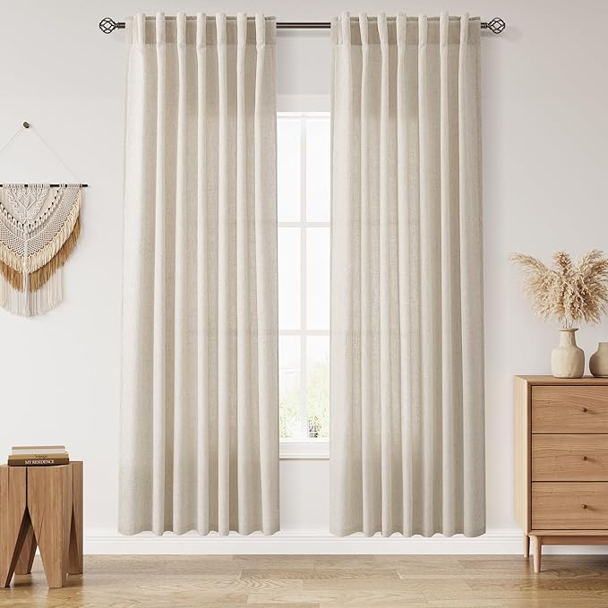 Boho Linen Curtains 80 Inch Length for Living Room Light Filtering Semi Sheer Curtain Back Tab Boho Eclectic Home Decor Elegant Luxury Farmhouse Drapes for Bedroom Dinner Room 52x80, 2 Panels