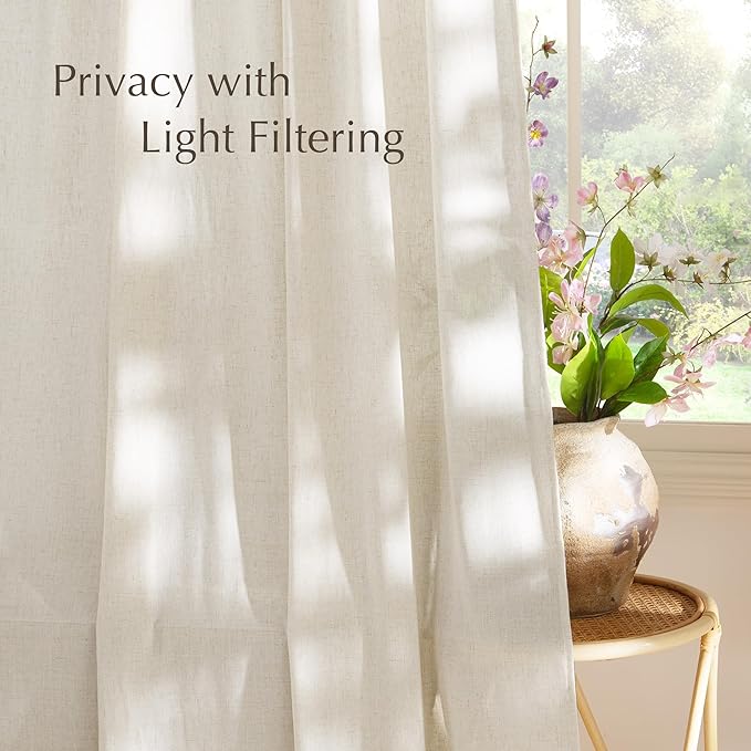 NICETOWN Thick Linen Blend Curtains Flax Textured for Bedroom, Rustic Grommet Semi Sheer Privacy Added Window Curtains & Drapes Light Filtering for Nursery, Natural, W34 x L63, Set of 2