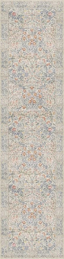 Hazo Haus Washable Beige Blue 2x10 Runner Rug for Hallway Kitchen Mudroom, Non-Slip Stain Resistant Extra Long Floor Mat 10 ft - Vintage Floral Aethestic Decor
