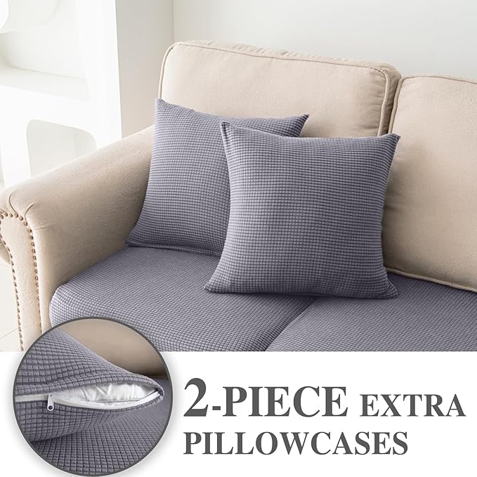 Couch Cushion Covers for Sectional Sofa L Shape Washable Separate Seat Chaise Couch Cover Stretch Sofa Slipcovers with 2 Pcs Pillowcases(3 Seater + 1 Chaise, Light Grey)