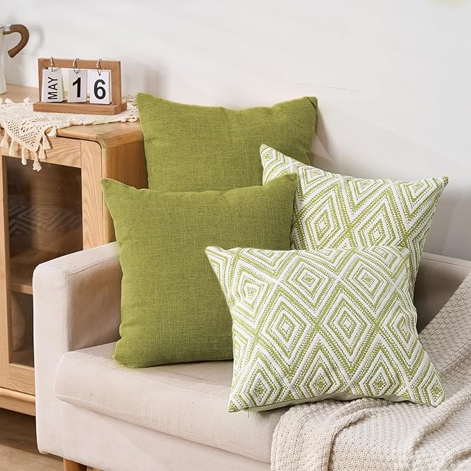 HPUK Decorative Throw Pillow Covers Set of 4 Geometric Design Linen Cushion Cover for Couch Sofa Living Room, 20"x20" inches, Green