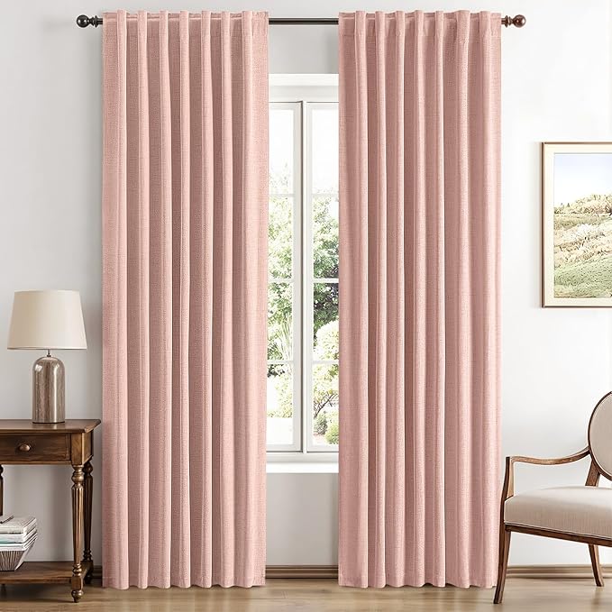 MIULEE 100% Blackout Linen Curtains for Bedroom, Blush Pink Solid Luxury Decor Thermal Insulation Room Darkening Drapes for Living Room Nursery Back Tab Rod Pocket 42 x 63 Inches, 2 Panels