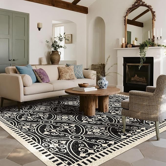 Latte&Fog 5x7 Area Rugs for Living Room Bedroom, Vintage Washable Rug, Boho Non Slip Low Pile Carpet for Dining Room, Office, Dorm, Classroom, Farmhouse and Home Office