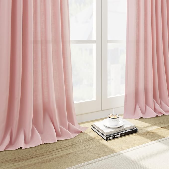 Pink Linen Curtains 90 Inch Long 2 Panels Set for Baby Girl Bedroom Pink Soft Linen Textured Window Drapes Semi Sheer Light Filtering Rod Pocket Back Tab Farmhouse Curtain 52x90