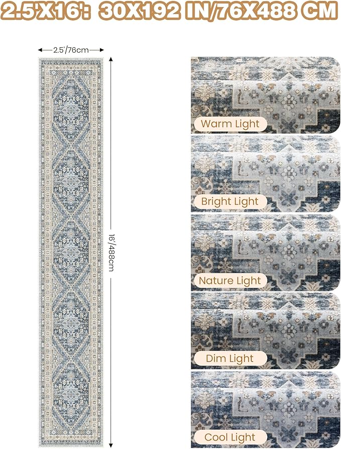 Washable Runner Rug 2.5x16, Non-Slip Long Kitchen Mats for Floor, Vintage Rug for Entryway, Soft Hallway Runner for Dining Room, Bedroom, Living Room(Blue/Beige,2.5'x16')
