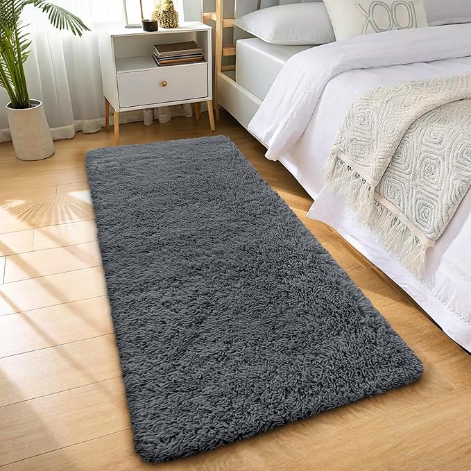 OLANLY 2x12 Machine Washable Runner Rugs for Hallway, Soft Fluffy Shaggy Bedside Rugs for Bedroom, Living Room, Indoor Floor Carpet for Kids Girls and Boys, Nursery Rooms, Home Decor Aesthetic, Grey
