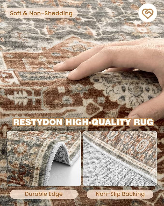 Runner Rug 2x6, Non Slip Washable Rugs for Laundry Room, Runners for Hallways, Low Pile Vintage Soft Rugs for Living Room, Kitchen Bathroom,Bedroom Rug(Grey/Brown/Tan,2'x6')