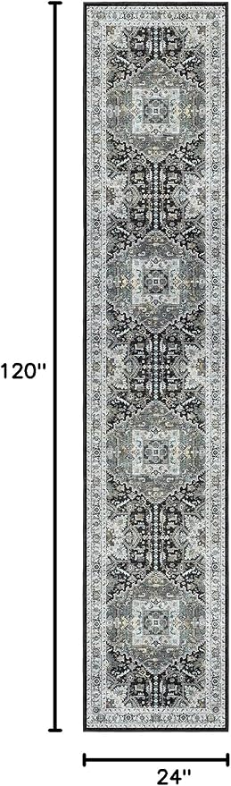 Madane Hallway Washable Runner Rug 2x10, Vintage Kitchen Rugs Soft Entryway Rug Runner Non Slip Indoor Floor Carpet for Bathroom Living Room Bedroom, Grey Green/Black Olive