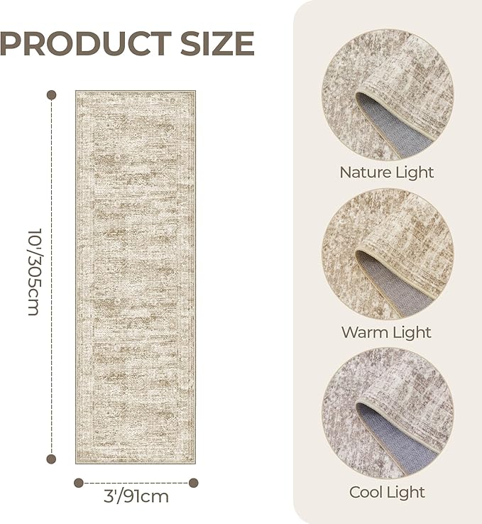 3x10 Runner Rug Non Slip Washable for Entryway, Vintage Hallway Runner for Front Porch, Laundry Room, Bedroom, Abstract Stain Resistant Thin Indoor Kitchen Mats for Floor(3'x10', Brown/Ivory)