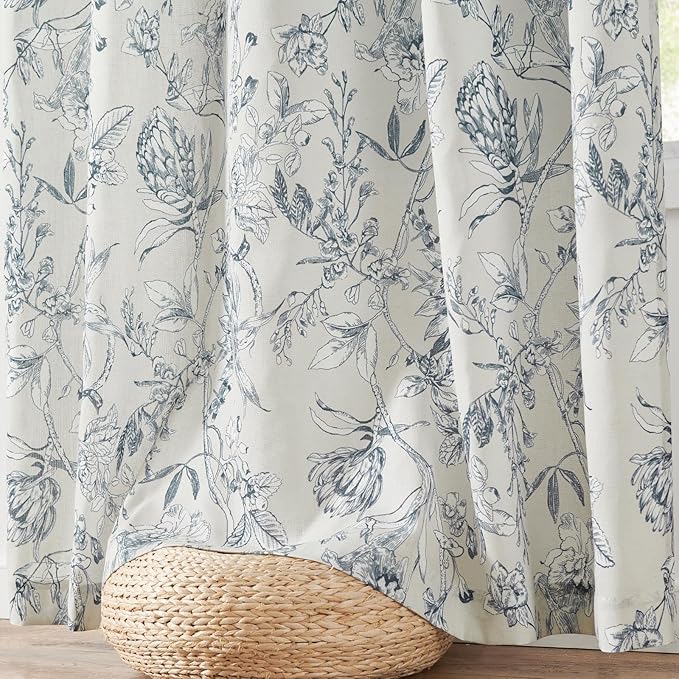 jinchan Floral Curtains 96 Inches Long Blue Flower Linen Farmhouse Curtain for Living Room French Country Vintage Curtain Rod Pocket Curtains Set 2 Panels Blue Floral Printed