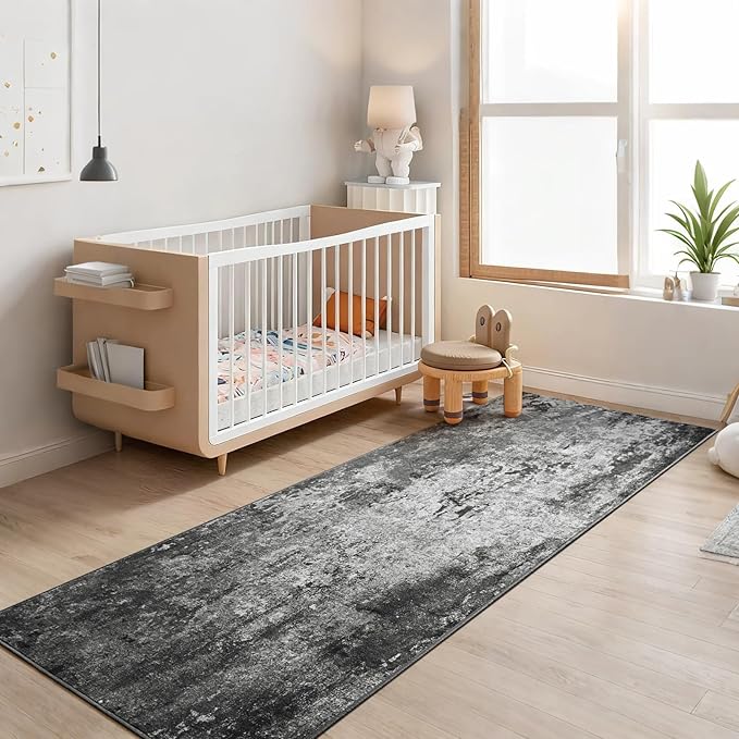 2x6 Black Rug Runners for Hallways Kitchen Runner Rug Non Slip Washable Black Long Runner Rugs with Rubber Backing Soft Abstract Carpet Runner for Bedroom, Kitchen, Bathroom, Entryway