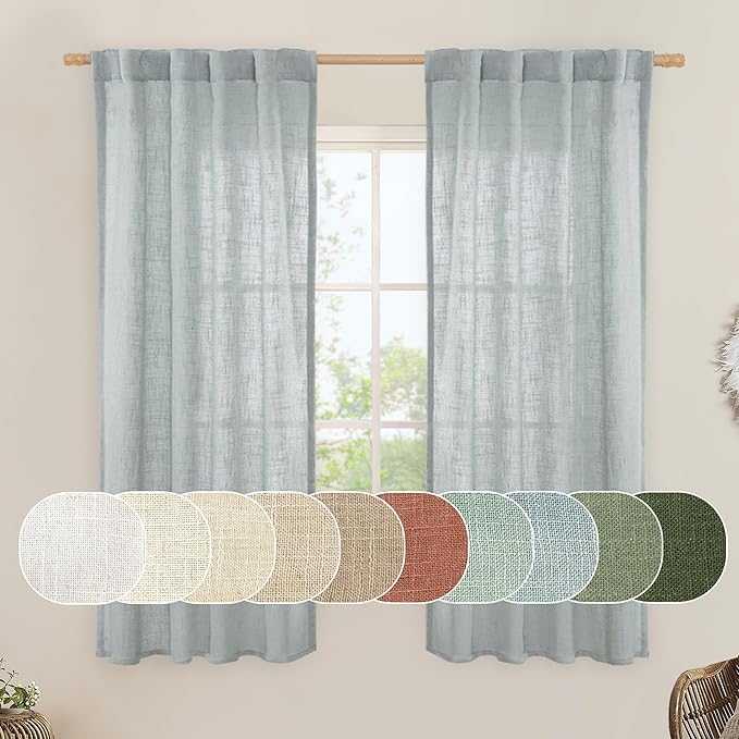LAMIT Greyish Blue Linen Curtains 63 Inches Long, Semi Sheer Light Filtering Panels Back Tab and Rod Pocket Small Cafe Drapes for Basement/Window/Loft Room, 2 Panels, 34 x 63 Inch