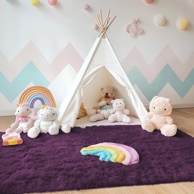 OLANLY Area Rugs for Living Room Bedroom, Machine Washable 4x5.9 ft Soft Fluffy Shaggy Bedside Rug, Indoor Floor Carpet for Kids Girls and Boys, Dorms, Nursery Rooms, Home Decor Aesthetic, Dark Purple