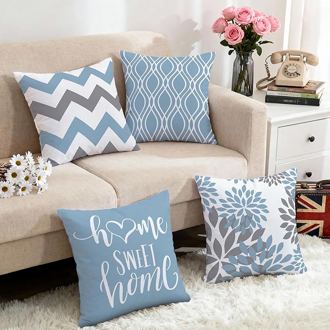 Hexagram Geometric Aqua Blue Pillow Covers 18x18 Set of 4, Decorative Outdoor Boho Modern Throw Pillow Covers, Home Sweet Home Farmhouse Cushion Case for Couch Sofa Bedroom Indoor Decor(No Insert)