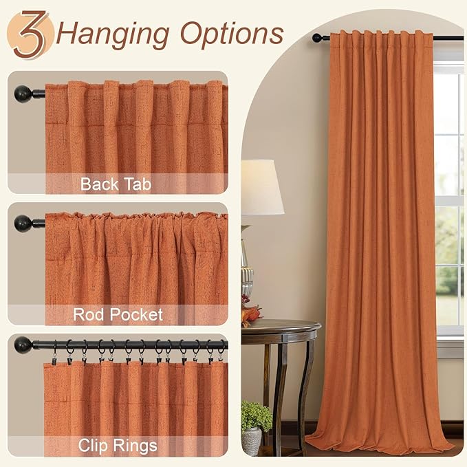 Pitalk Blackout Burnt Orange Curtain for Bedroom 96 Inch Length 2 Panels Back Tab Pocket Room Darkening Privacy Thermal Ochre Dark Orange Black Out Linen Drape for Living Room 52x96 Long Western Decor