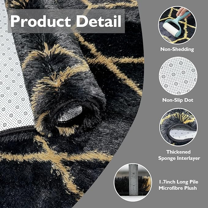 6x9 Fluffy Area Rugs for Living Room,Shag Area Rug for Bedroom,Geometric Soft Fuzzy Rug Non-Shedding Indoor Plush Carpet for Kids Bedroom Nursery Home Decor,Black and Gold
