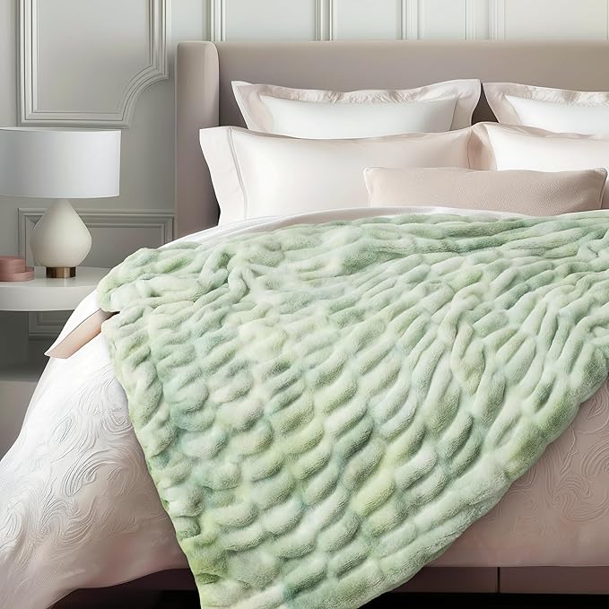 Ultra Soft Cozy Faux Fur Throw Blanket, Fuzzy Plush Thick Bubble Blanket, Oversize Luxury Fluffy Blanket for Couch, Sofa, Bedroom, and Living Room,50x60 Inches,Double Sided Tie-Dye Sage