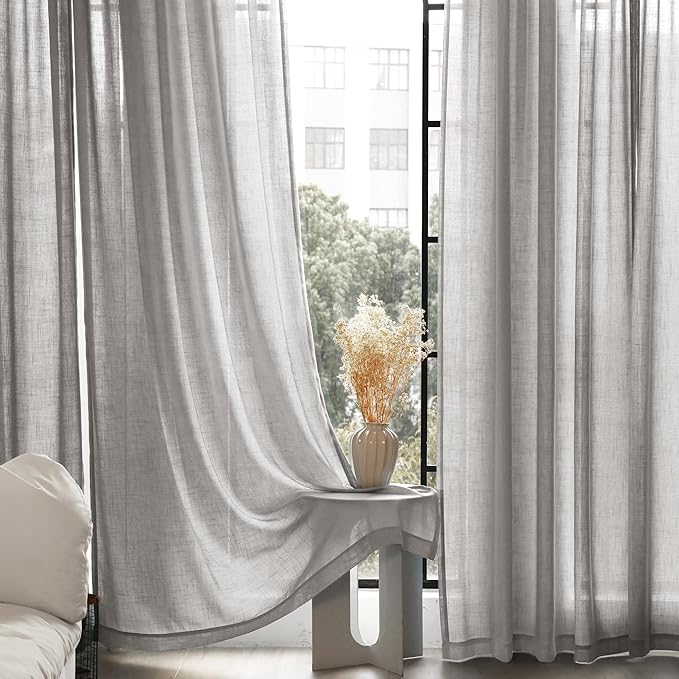 Linen Blend Grey Curtains for Living Room Back Tab Modern Farmhouse Semi Sheer Light Gray Curtains 102 inches Long 2 Panels Set Muted Neutral Cotton Texture Window Curtain for Dining Room Bedroom