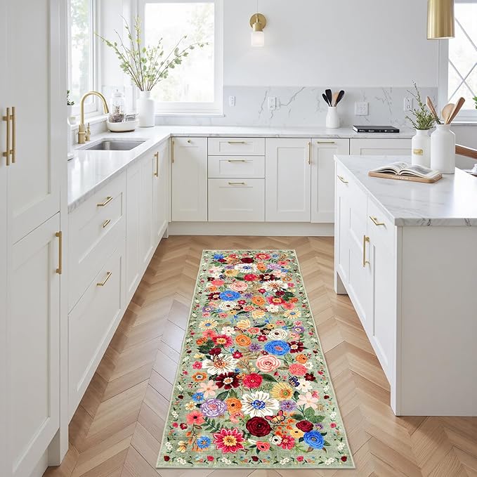 Rug for Hallways Green Kitchen Rug 2x6, Non Slip Washable Rugs with Rubber Backing Soft Floral Carpet Runner for Hallways, Kitchen, Laundry, Bedroom, Bathroom (2 x 6, Green Garden)