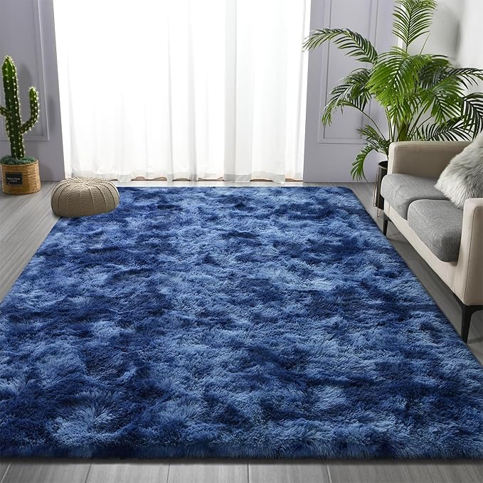 Deerhoo Large Shag Area Rugs 8 x 10, Plush Fuzzy Rugs for Living Room, Ultra Soft Fluffy Furry Rug for Bedroom, Indoor Carpet Nursery Rugs for Kids Room Home Decor, Tie-Dyed Navy Blue