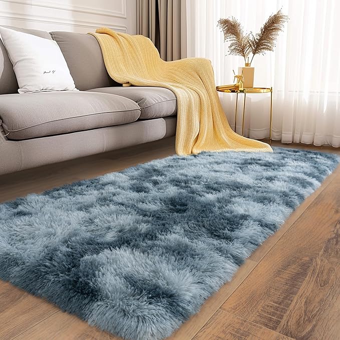 Soft Runner Rugs for Bedroom Hallways, 2x5 Tie-Dyed Blue Grey Fluffy Shag Throw Area Rug Non Slip for Bedside Dorm, Long Shaggy Furry Carpet for Nursery Living Room