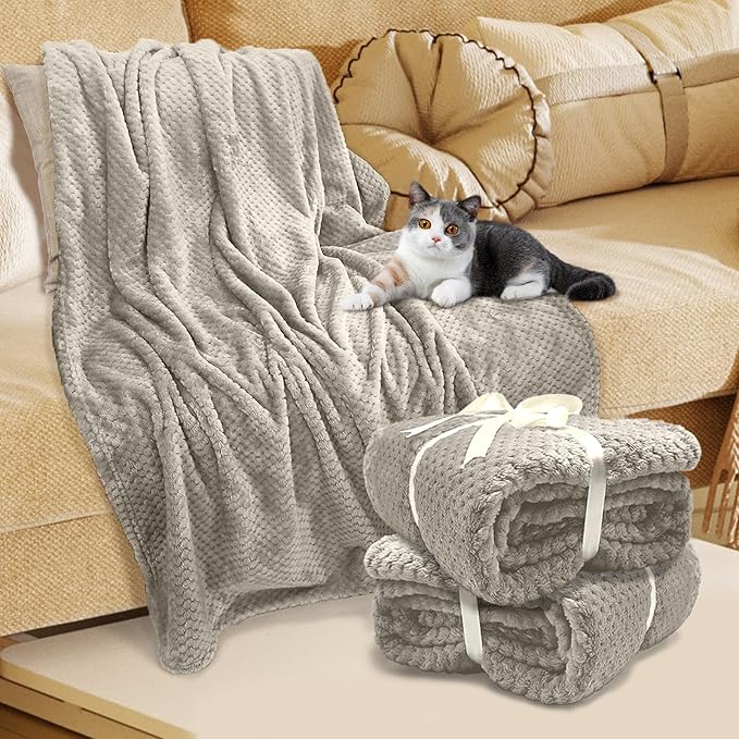 4 Pack Fleece Throw Blankets 50x60 Inches - 270 GSM Ultra Soft Plush Flannel for Bed Couch Sofa, Lightweight Warm 3D Waffle Texture, No Shedding No Pilling All Season Throw (Light Beige)