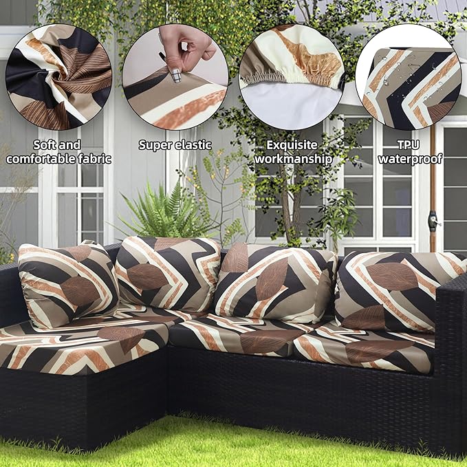8Pcs Outdoor Cushion Covers, Patio Cushion Covers,Stretch Elastic Slipcovers, Replacement Washable & Reusable Furniture Protector for Patio Couch (Orange Realm-Pattern,Cover Only)