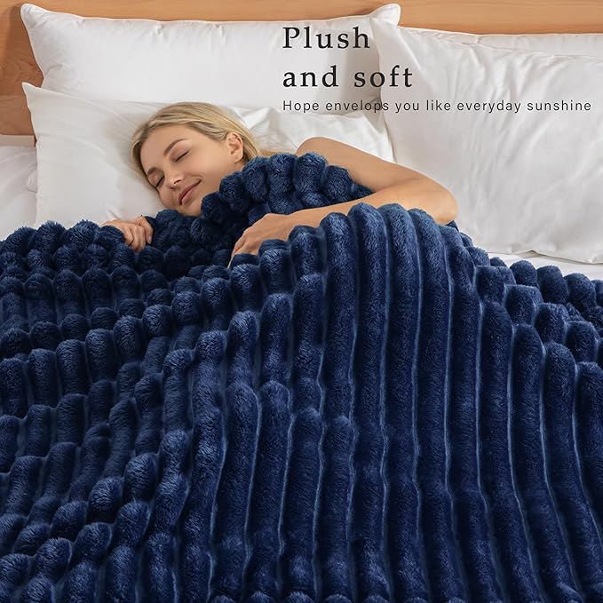 Exclusivo Mezcla Queen Size Flannel Fleece Blanket, Super Soft Striped Jacquard Bed Blanket, Lightweight Fuzzy Cozy for All Seasons, 90x90 Inches, Navy Blue