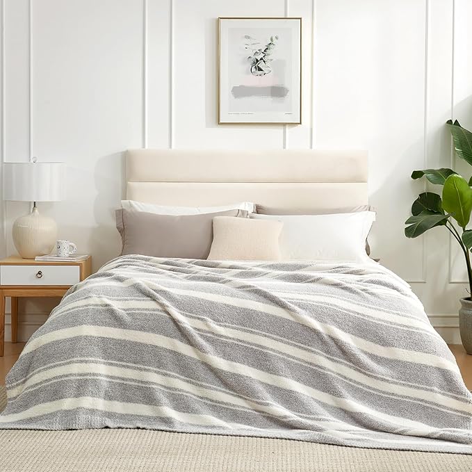 Snuggle Sac Queen Size Bedding Blankets, Super Soft Warm Blankets Cozy Knit Fuzzy Oversized Blankets for Bed, Stripe Grey, 90"x90"