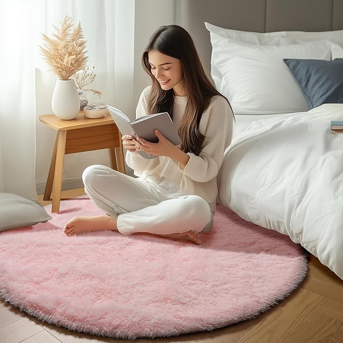 ONASAR Light Pink Round Area Rugs 5ft for Bedroom Living Room, Fluffy Circle Rug for Kids Girls Boys Teen, Soft Plush Shaggy Carpet for Nursery Dorm Classroom Playroom Home Decor Aesthetic
