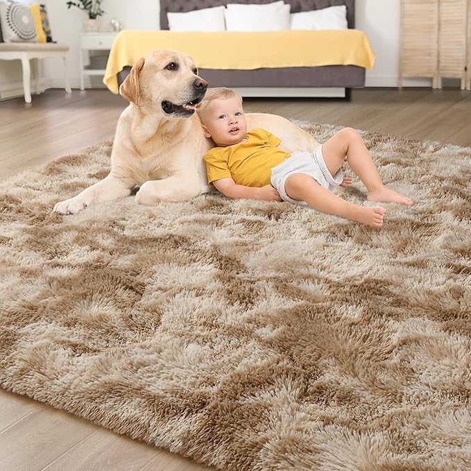 Tepook Fluffy Large Rugs for Living Room, Shag Area Rug 6x9 Soft Carpet for Bedroom, Modern Shaggy Rug for Kids Boys Girls, Plush Indoor Nursery Home Decor Rug with Non-Slip Bottom, Tie-Dyed Beige