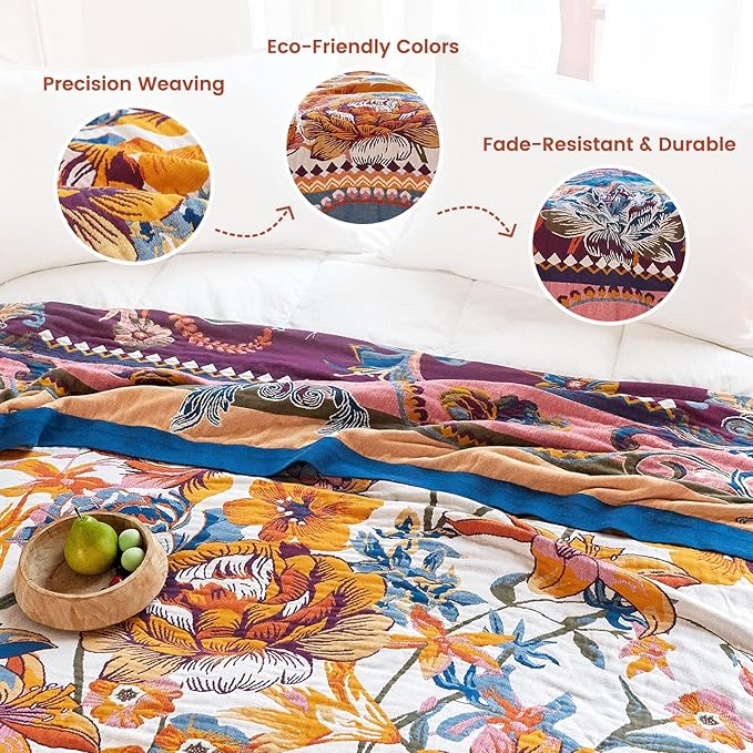 MSGKV Boho Throw Blanket 90"x90" Bed Floral 100% Cotton Blanket Spring Breathable Lightweight Queen Blankets All Seasons Home Decor Muslin