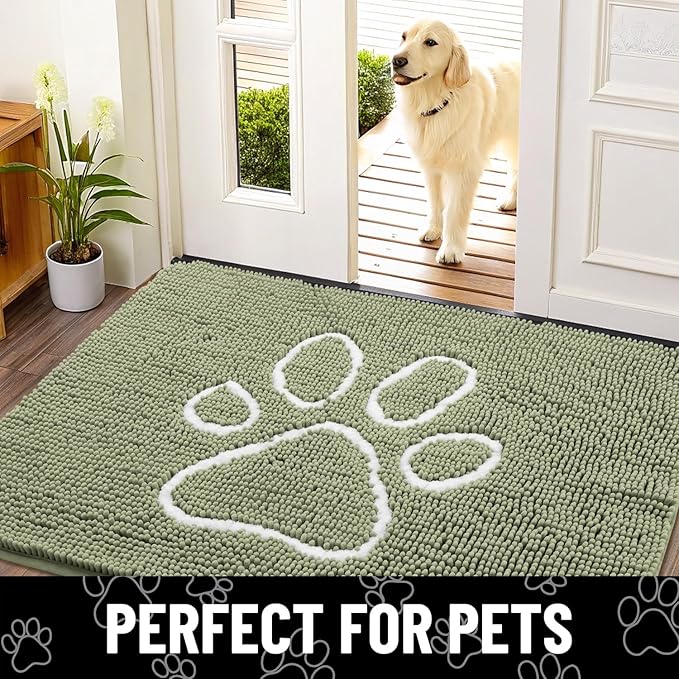 Smiry Dog Door Mat for Muddy Paws, Absorbent Dirt Trapper Non Slip Quick Dry Washable Chenille Mat for Mud Dogs, Entry Rug for Indoor and Outdoor (59x24 Inches, Sage Green and White)