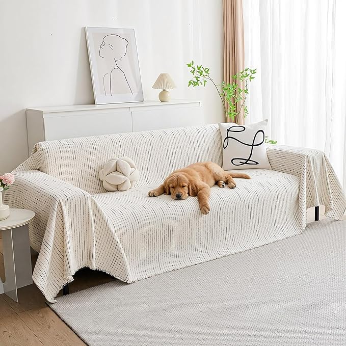 MYSKY HOME Couch Cover for Dogs, Sectional Couch Cover, Beige Lines Sofa Covers for Sectional Sofa L Shape Chenille Couch Protector for Dogs Pets Couch Covers Washable Soft Throw, 91"X118"