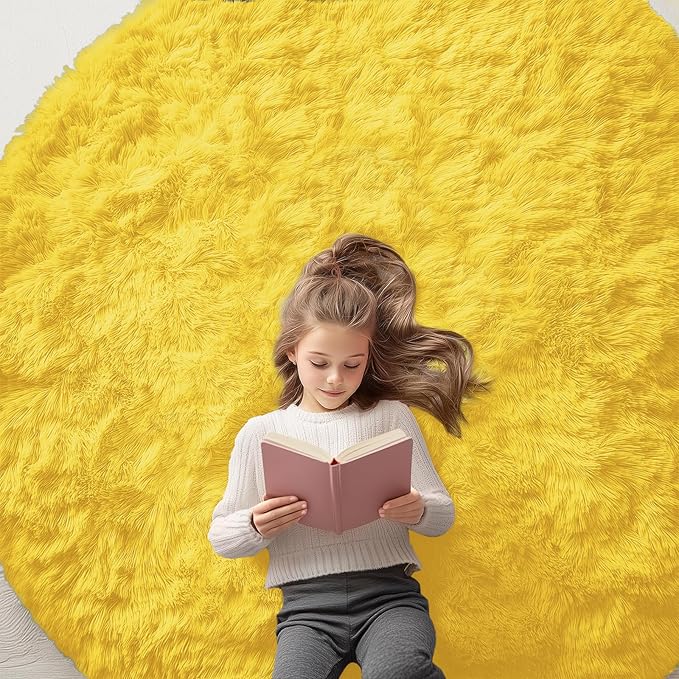 OLANLY Yellow Round Rugs for Bedroom - Machine Washable, 6 ft Circle Area Rugs for Living Room, Soft and Fluffy Shaggy Carpet for Teen Girl and Boys, Nursery Rooms, Dorms, Home Decor Aesthetic