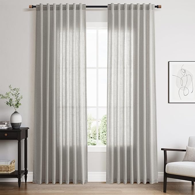 Nanspring Light Gray Linen Curtains for Living Room 84 Inches Long 2 Panels Set Rod Pocket Back Tab Simple Modern Light Filtering Boho Coastal Room Decor Grey Sheer Curtain for Bedroom 52x84