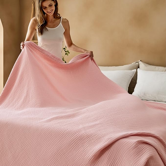 Bedsure 100% Cotton Muslin Blanket Queen Size for Bed - 4-Layer Breathable and Lightweight Thin Soft Summer Gauze Muslin Blankets for Adults, Pink, 90x90 Inches