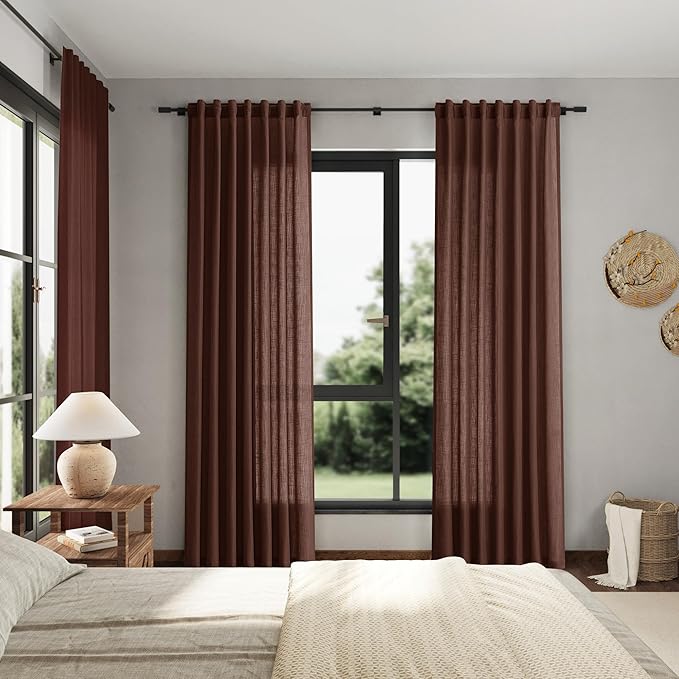 Nanspring Rustic Brown Linen Curtains 108 Inches Long for Living Room Bedroom 2 Panels Set Extra Long Back Tab Curtain Light Filtering Sheer Drapes Floor to Ceiling Curtain for Large Windows 52x108