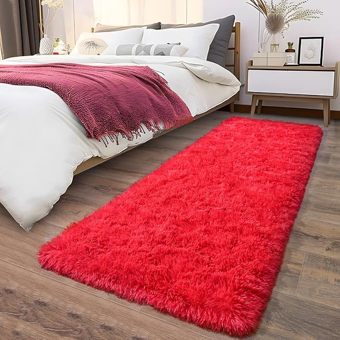 Soft Runner Rugs for Bedroom Hallways, 2x6 Red Fluffy Shag Throw Area Rug Non Slip for Bedside Dorm, Long Shaggy Furry Carpet for Nursery Living Room