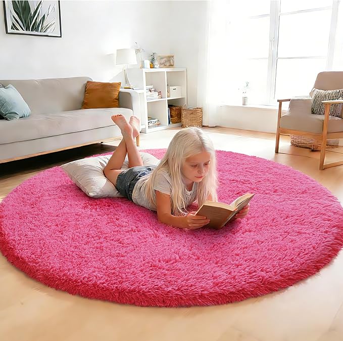 yulidayang Fluffy Round Area Rugs for Bedroom,Hot Pink 3Ft Shag Circle Area Rugs for Living Room,Non Slip Fuzzy Plush Rug for Kids Room Boys Girls Room and Dorm