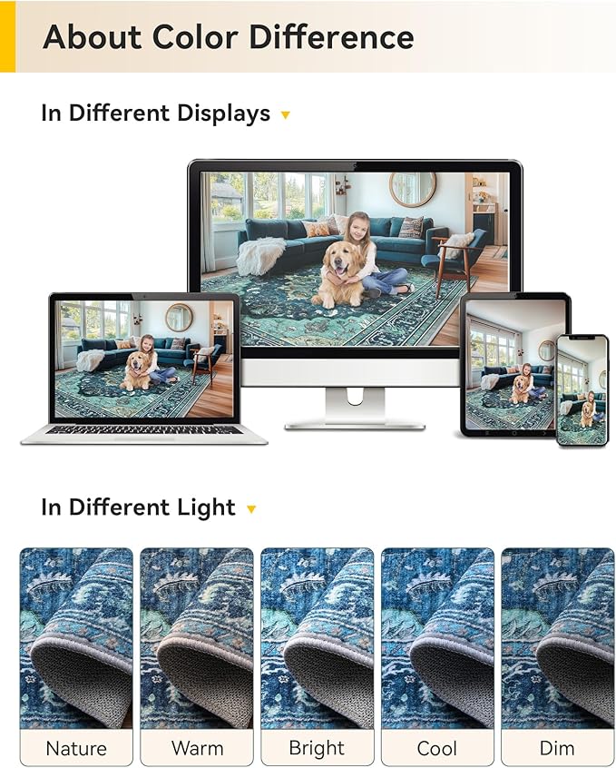 Area Rugs Square 10ft Washable Non-Slip, Floral Vintage Distress Print Pattern Medallion Carpet for Living Room Bedroom Dining Room, Teal Green Lake Blue Turquoise