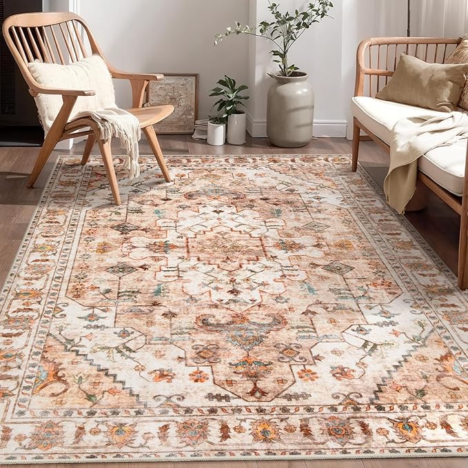 SERISSA 4x6 Boho Bedroom Rug, Washable Non Slip Vintage Peach Cream Area Rugs, Ultra Soft Print Distressed Tribal Entry Rug Low-Pile Throw Carpet for Nursery Dorm Kitchen Living Room Decor