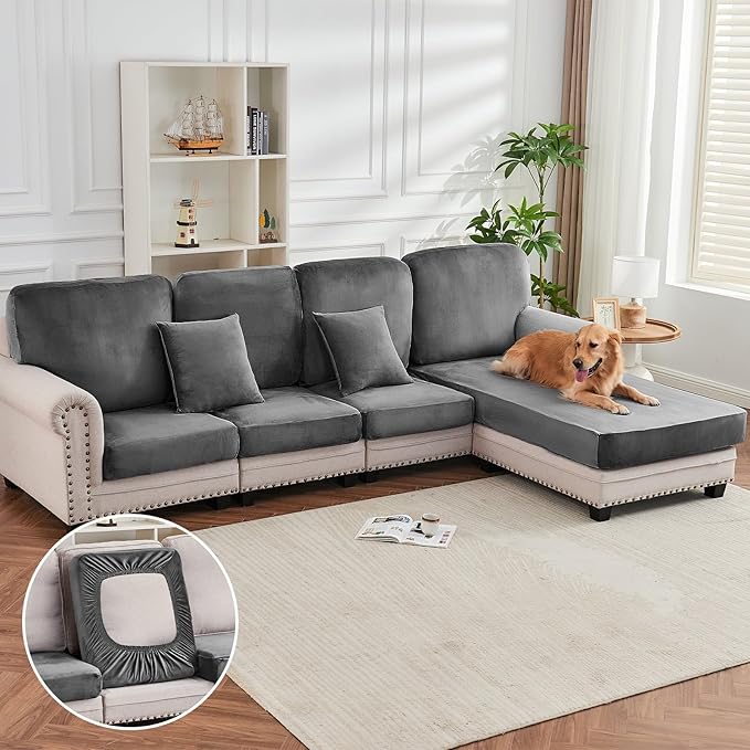 Couch Cover 4-Piece Elastic Velvet Couch Cushion Covers & Chaise Slipcovers for L-Shaped Sofas - Sofa Seat Covers Washable, Soft Protector for Couches (3 Seater + Chaise, Grey)