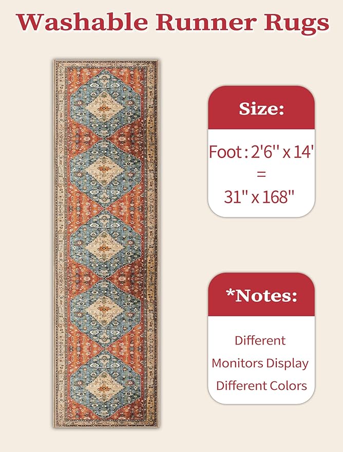 SERISSA Runner Rug for Hallways, 2'6"x14' Washable Non Slip Kitchen Runner Rug, Extra Long Boho Rug Ultra Soft Vintage Tribal Print Floor Carpet for Bedroom Hallway Entryway Bathroom Laundry Room