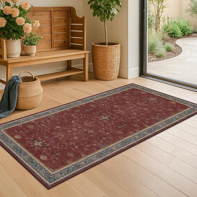 Hazo Haus Burgundy 2x4 Washable Entry Rug for Inside House, Kitchen Floor, Thin Door Mats for Inside Entry, Washable Non Slip Low Pile Stain & Fade Resistant, Modern Eclectic Floral Decor