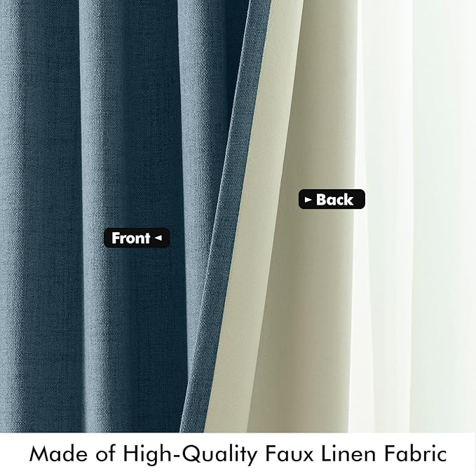 MIULEE 100% Blackout Linen Curtains for Bedroom, Stone Blue Solid Luxury Decor Thermal Insulation Room Darkening Drapes for Living Room Nursery Back Tab Rod Pocket 42 x 96 Inches, 2 Panels