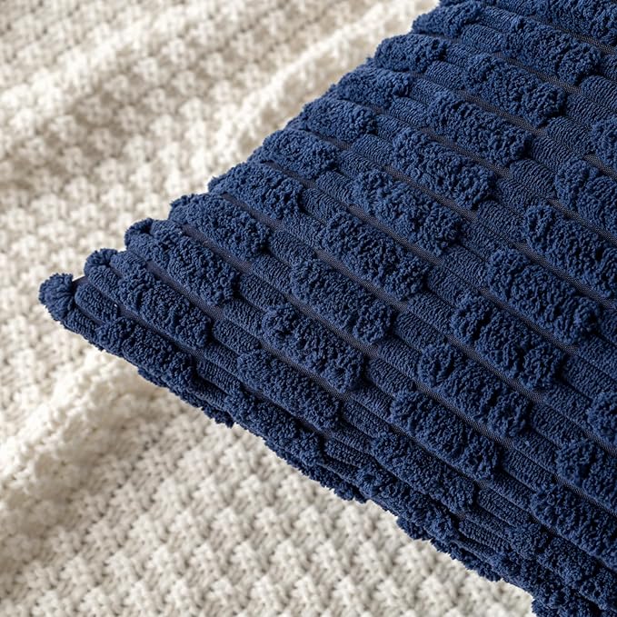 MIULEE Pack of 2 Corduroy Decorative Throw Pillow Covers 18x18 Inch Soft Boho Striped Pillow Covers Modern Farmhouse Home Decor for Summer Coastal Sofa Living Room Couch Bed Dark Blue